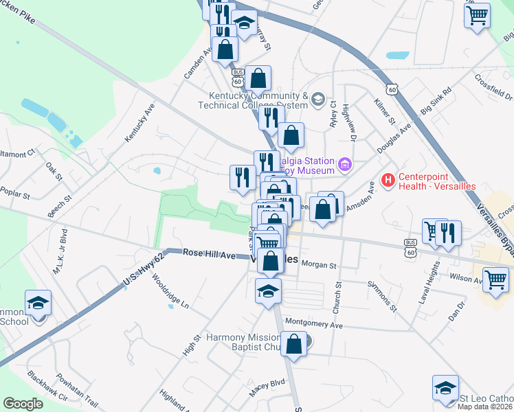 map of restaurants, bars, coffee shops, grocery stores, and more near 122 West Green Street in Versailles