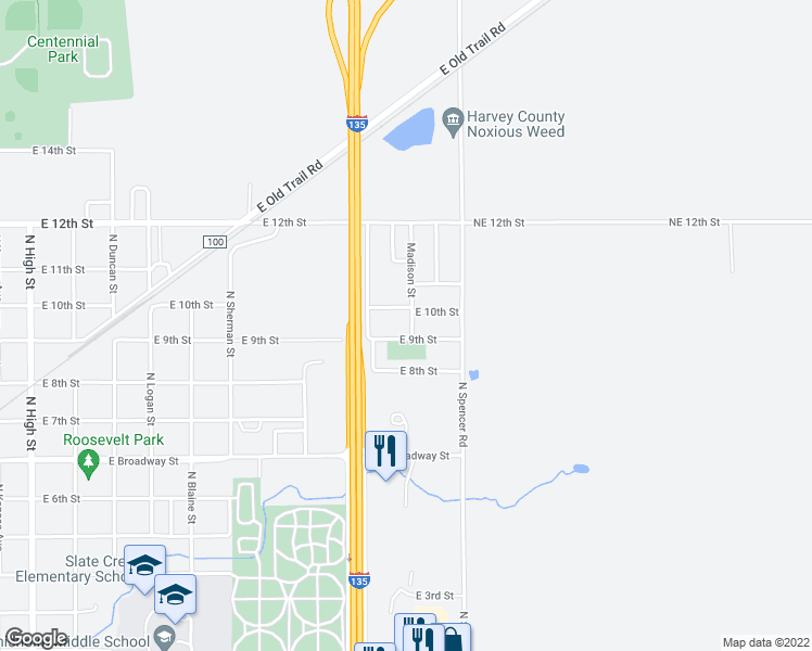 map of restaurants, bars, coffee shops, grocery stores, and more near 1005 Madison Street in Newton