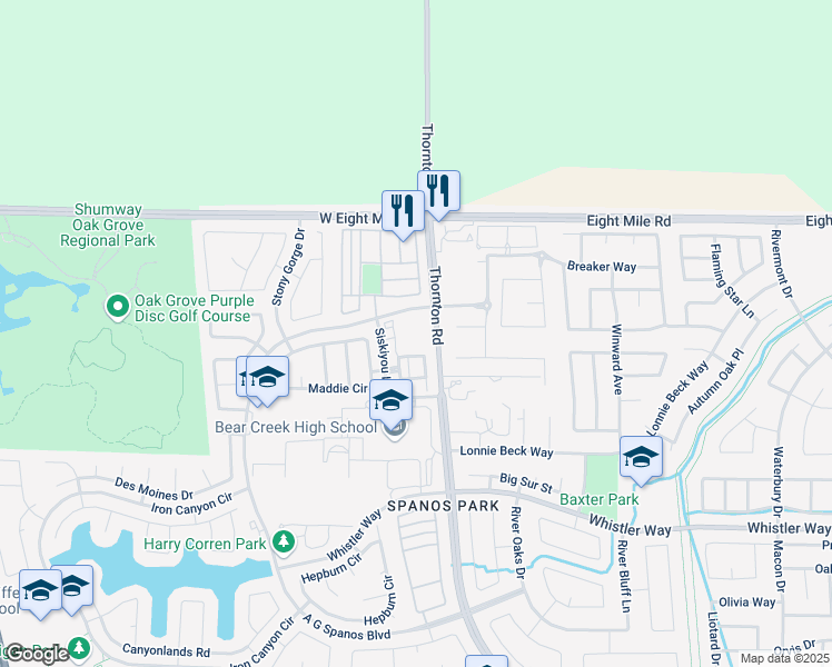 map of restaurants, bars, coffee shops, grocery stores, and more near 3105 Lafever Court in Stockton