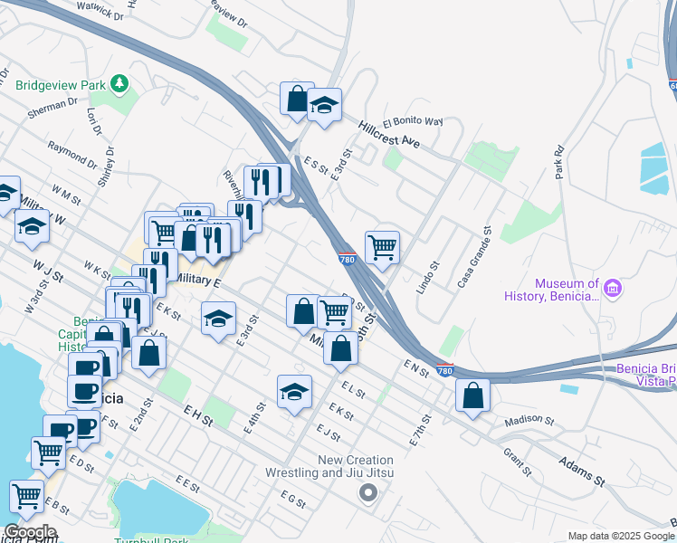 map of restaurants, bars, coffee shops, grocery stores, and more near 382 East O Street in Benicia