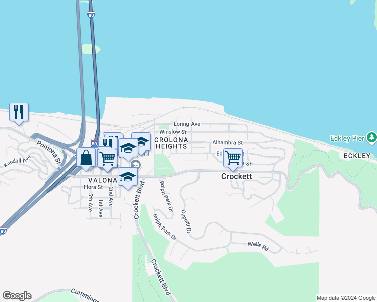 map of restaurants, bars, coffee shops, grocery stores, and more near 645 Heald Court in Crockett