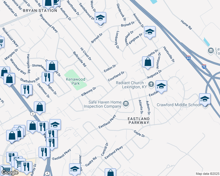 map of restaurants, bars, coffee shops, grocery stores, and more near 1698 Kilkenny Drive in Lexington