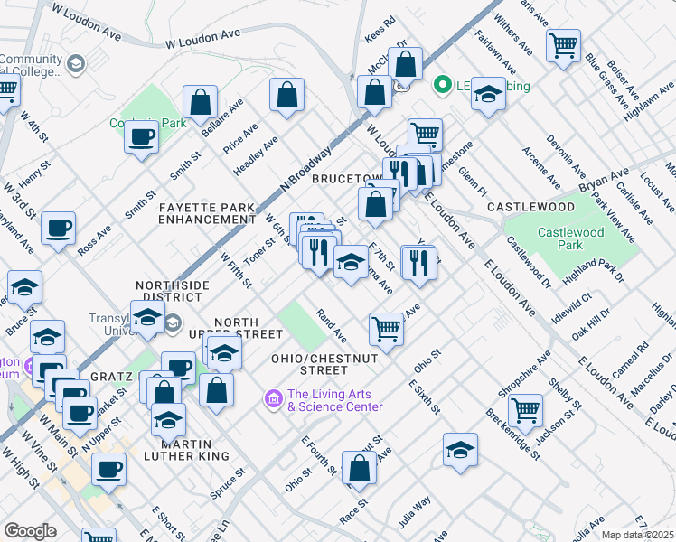 map of restaurants, bars, coffee shops, grocery stores, and more near 115 East Sixth Street in Lexington