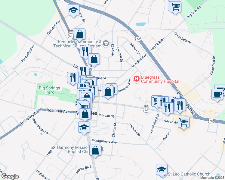 map of restaurants, bars, coffee shops, grocery stores, and more near 225 Henton Court in Versailles