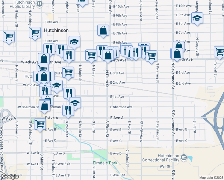 map of restaurants, bars, coffee shops, grocery stores, and more near 514 East 1st Avenue in Hutchinson