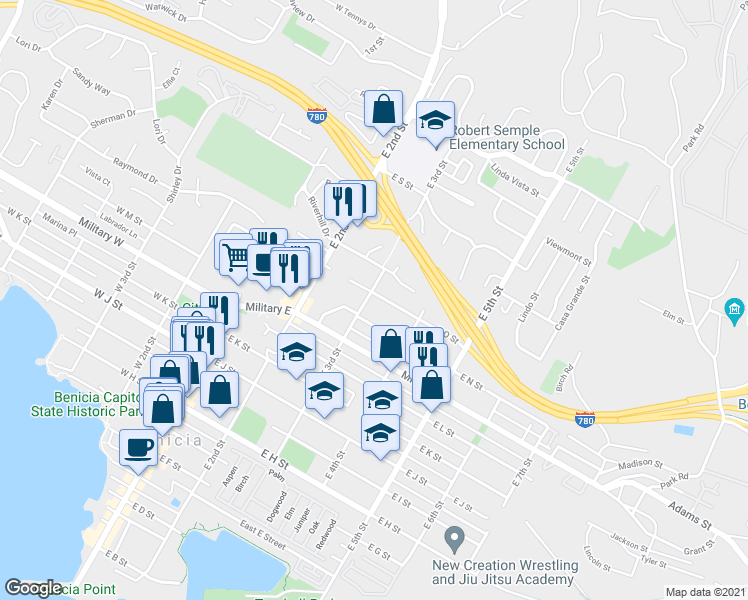 map of restaurants, bars, coffee shops, grocery stores, and more near 1440 East 3rd Street in Benicia