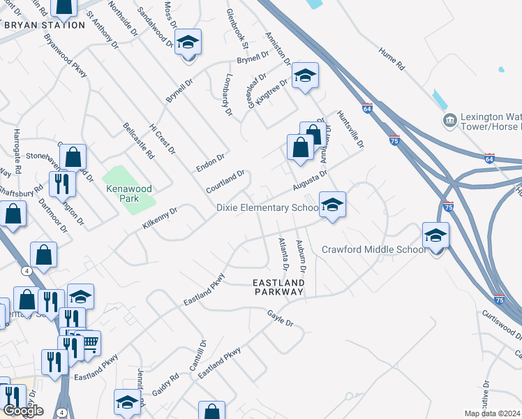 map of restaurants, bars, coffee shops, grocery stores, and more near 1633 Raleigh Road in Lexington