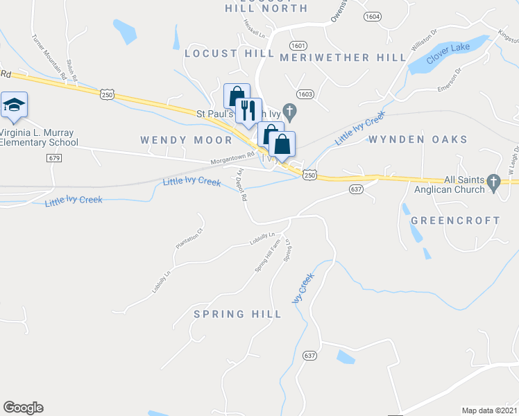 map of restaurants, bars, coffee shops, grocery stores, and more near 651 Ivy Depot Road in Charlottesville