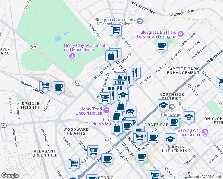 map of restaurants, bars, coffee shops, grocery stores, and more near 650 Tower Plaza in Lexington