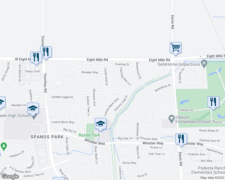 map of restaurants, bars, coffee shops, grocery stores, and more near 2206 Swainsons Hawk Street in Stockton
