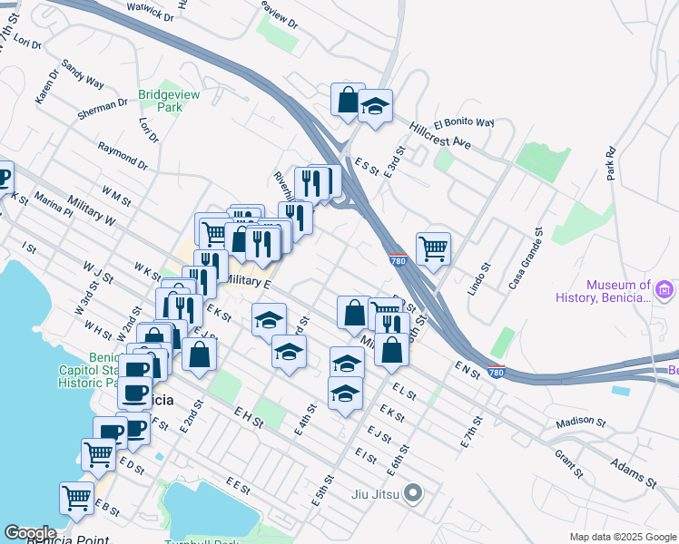 map of restaurants, bars, coffee shops, grocery stores, and more near 1440 East 3rd Street in Benicia