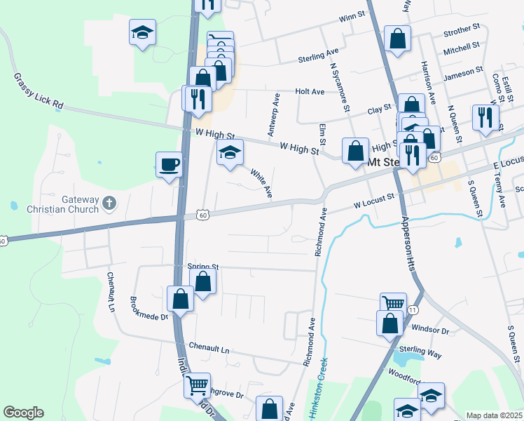 map of restaurants, bars, coffee shops, grocery stores, and more near 410 West Main Street in Mount Sterling
