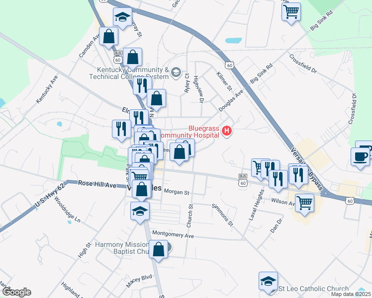 map of restaurants, bars, coffee shops, grocery stores, and more near 225 Henton Court in Versailles
