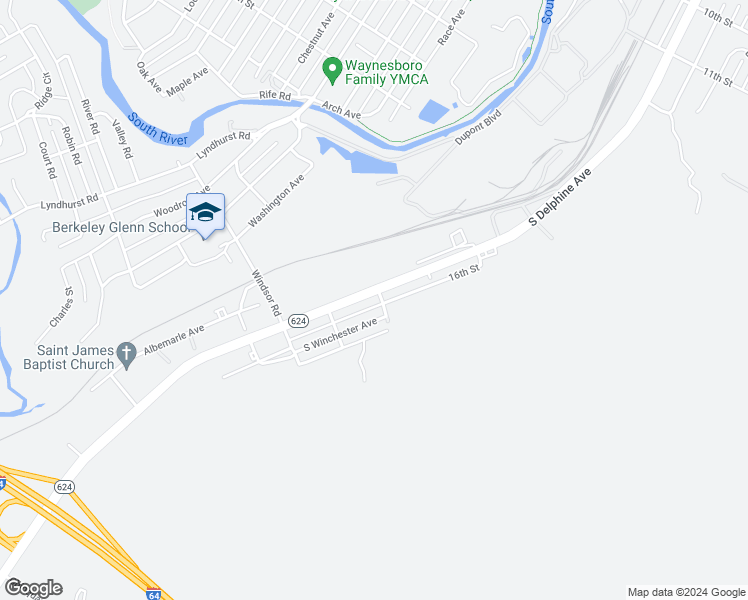map of restaurants, bars, coffee shops, grocery stores, and more near 1000 South Delphine Avenue in Waynesboro