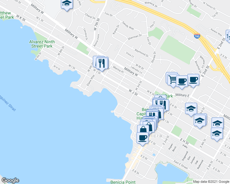 map of restaurants, bars, coffee shops, grocery stores, and more near W I St & W 4th St in Benicia