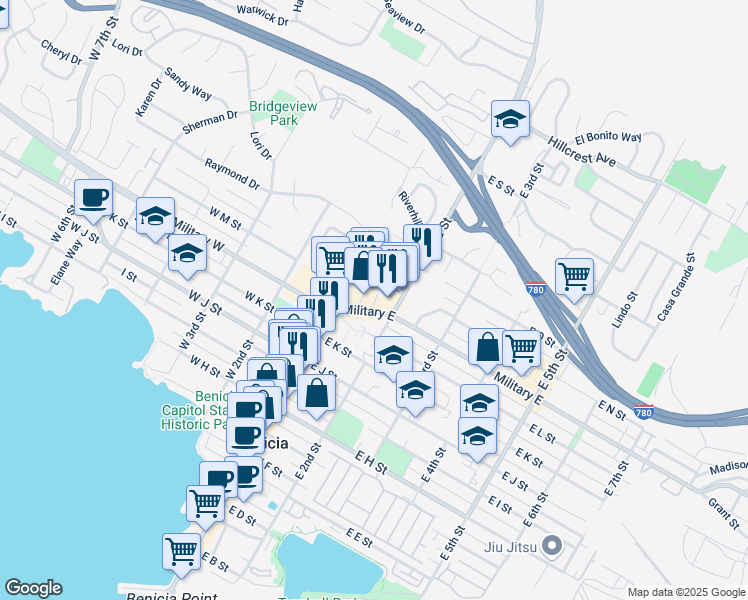 map of restaurants, bars, coffee shops, grocery stores, and more near 150 East L Street in Benicia