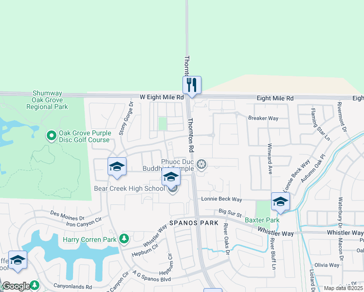 map of restaurants, bars, coffee shops, grocery stores, and more near 10711 Thornton Road in Stockton