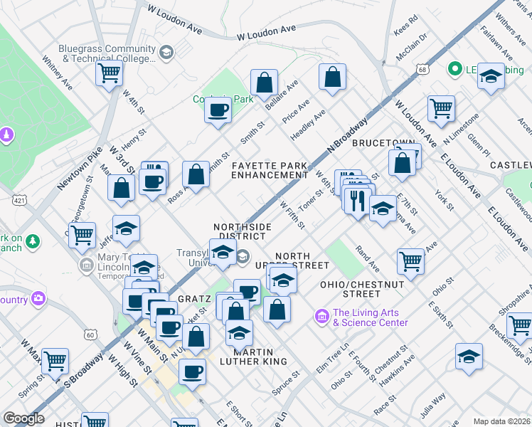 map of restaurants, bars, coffee shops, grocery stores, and more near 422 Kenton Street in Lexington