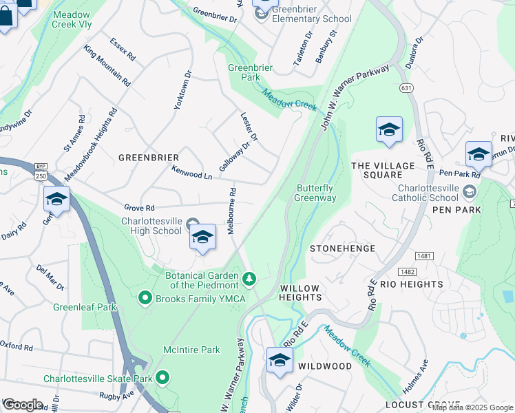 map of restaurants, bars, coffee shops, grocery stores, and more near 1310 Grove Road in Charlottesville