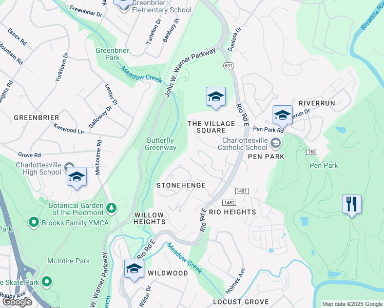 map of restaurants, bars, coffee shops, grocery stores, and more near 1306 Penfield Lane in Charlottesville