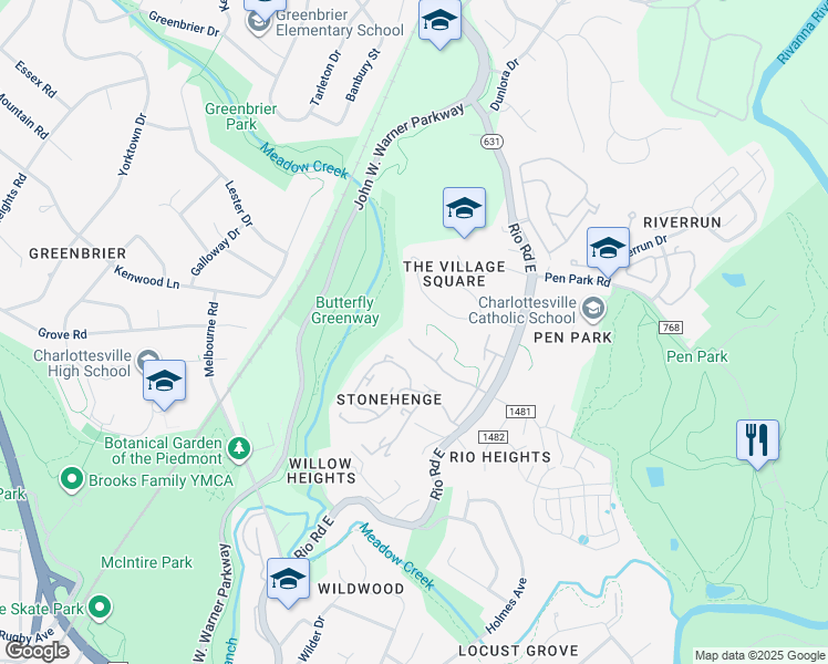 map of restaurants, bars, coffee shops, grocery stores, and more near 1306 Penfield Lane in Charlottesville