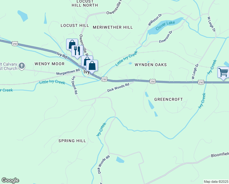 map of restaurants, bars, coffee shops, grocery stores, and more near 2611 Dick Woods Road in Charlottesville