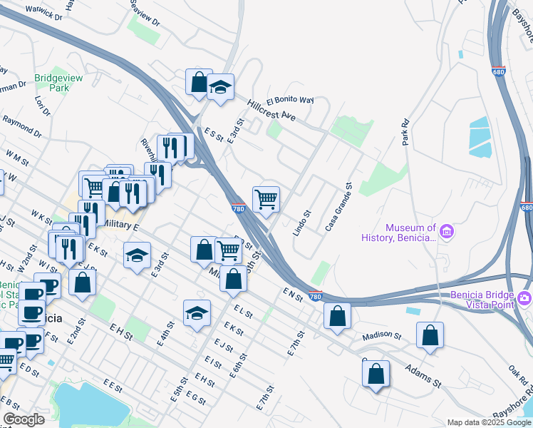 map of restaurants, bars, coffee shops, grocery stores, and more near 459 Rinconada Court in Benicia