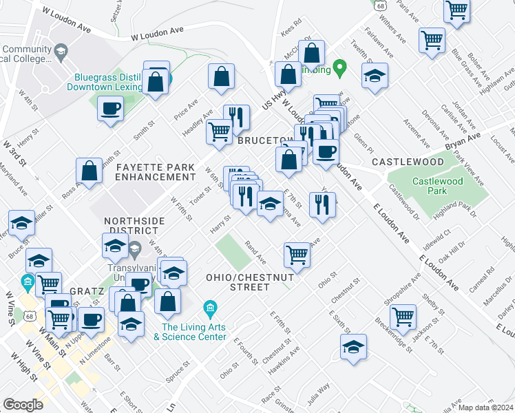 map of restaurants, bars, coffee shops, grocery stores, and more near 632 North Upper Street in Lexington