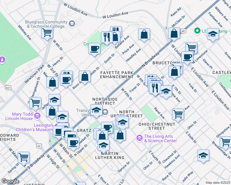 map of restaurants, bars, coffee shops, grocery stores, and more near 451 North Broadway in Lexington