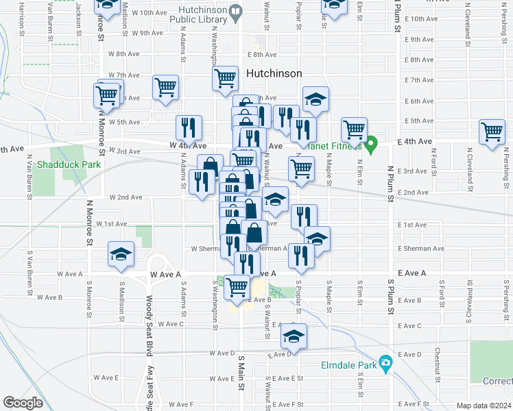 map of restaurants, bars, coffee shops, grocery stores, and more near 22 East 2nd Avenue in Hutchinson