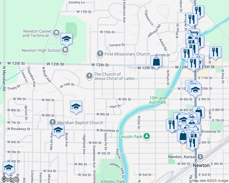 map of restaurants, bars, coffee shops, grocery stores, and more near 612 West 10th Street in Newton
