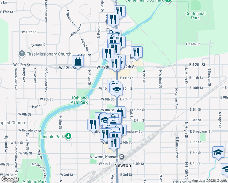map of restaurants, bars, coffee shops, grocery stores, and more near 1107 North Main Street in Newton
