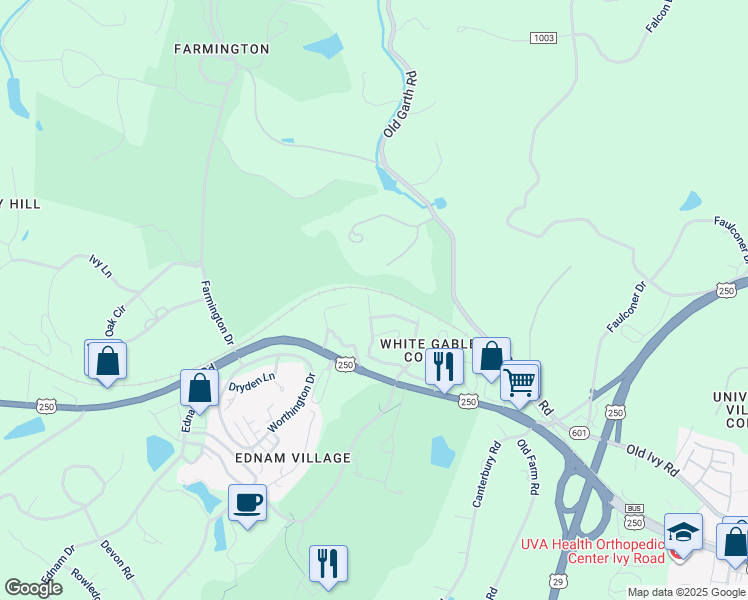 map of restaurants, bars, coffee shops, grocery stores, and more near 952 Marsh Lane in Charlottesville
