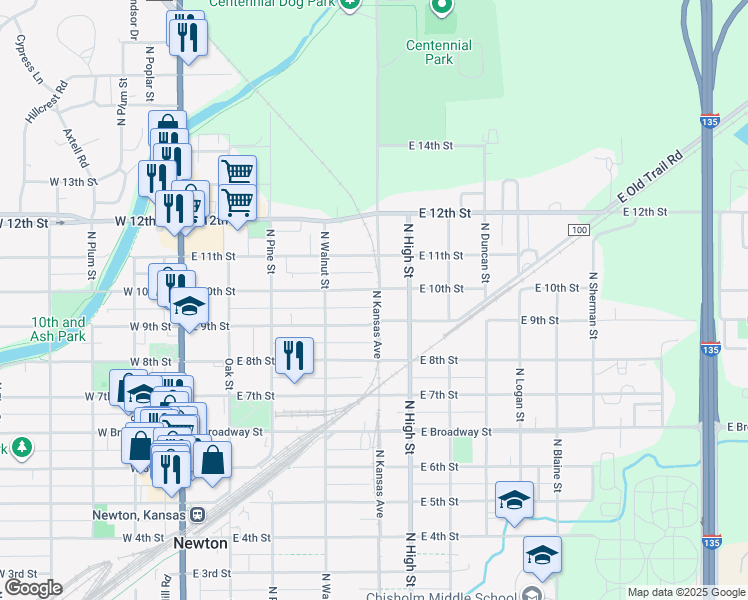 map of restaurants, bars, coffee shops, grocery stores, and more near 502 East 10th Street in Newton