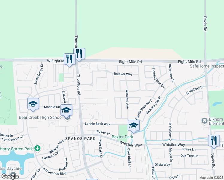 map of restaurants, bars, coffee shops, grocery stores, and more near 10701 Beachcomber Drive in Stockton