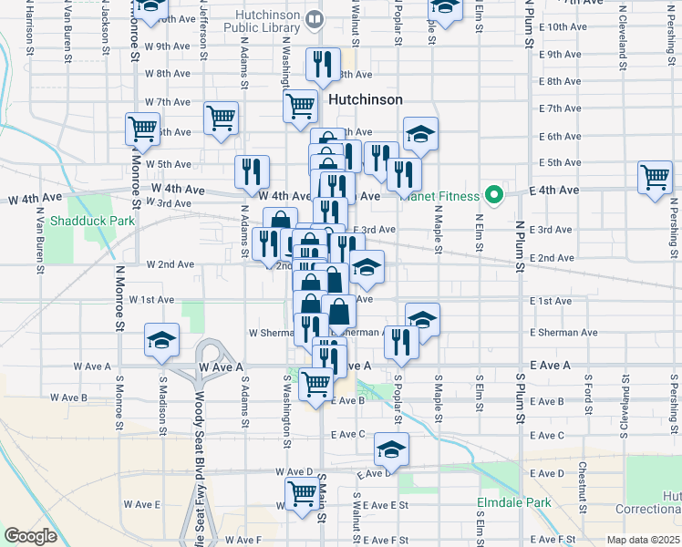map of restaurants, bars, coffee shops, grocery stores, and more near 22 East 2nd Avenue in Hutchinson