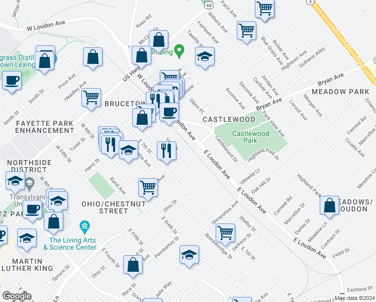 map of restaurants, bars, coffee shops, grocery stores, and more near 767 Maple Avenue in Lexington