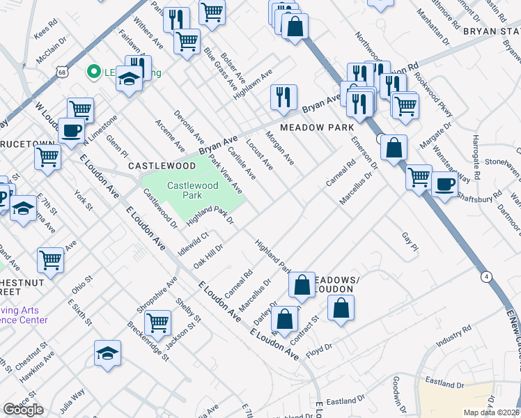 map of restaurants, bars, coffee shops, grocery stores, and more near 429 Park View Avenue in Lexington