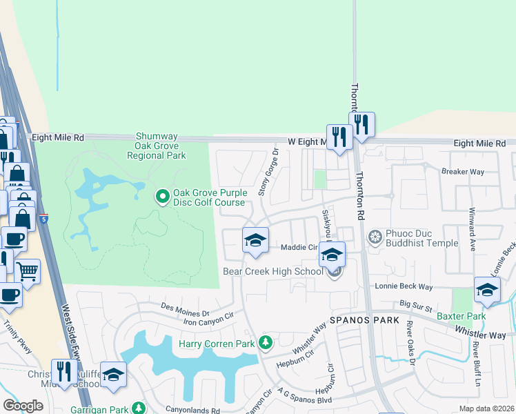 map of restaurants, bars, coffee shops, grocery stores, and more near 10636 Pleasant Valley Circle in Stockton