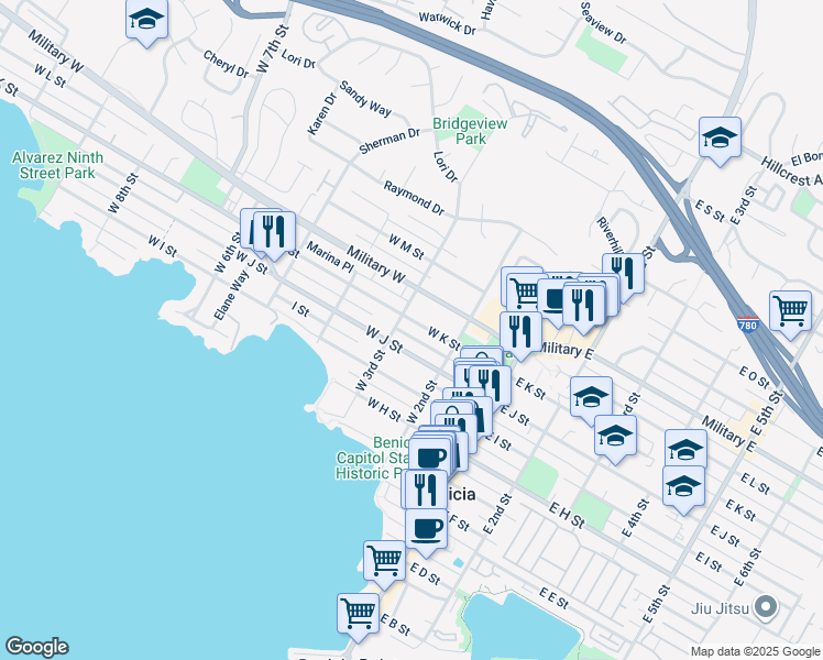 map of restaurants, bars, coffee shops, grocery stores, and more near 1110 West 3rd Street in Benicia