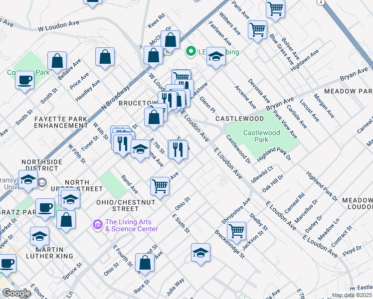 map of restaurants, bars, coffee shops, grocery stores, and more near 156 York Street in Lexington