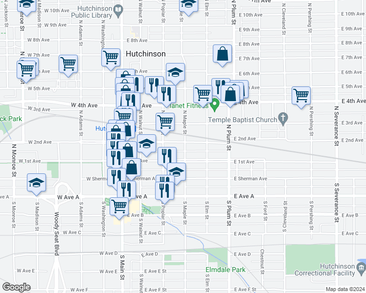 map of restaurants, bars, coffee shops, grocery stores, and more near 229 East 2nd Avenue in Hutchinson