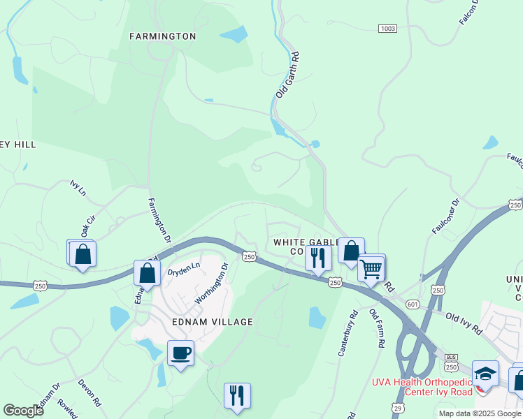 map of restaurants, bars, coffee shops, grocery stores, and more near 953 Marsh Lane in Charlottesville