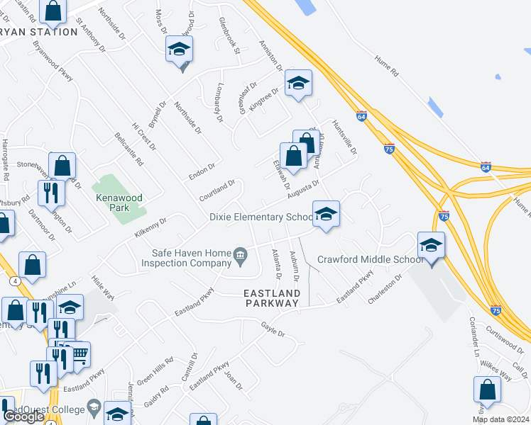 map of restaurants, bars, coffee shops, grocery stores, and more near 1824 Augusta Drive in Lexington