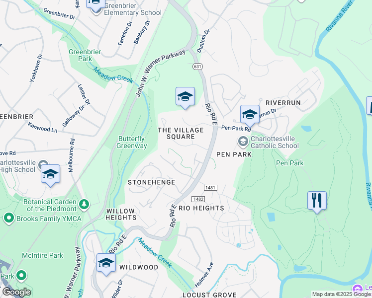 map of restaurants, bars, coffee shops, grocery stores, and more near 1077 Towne Lane in Charlottesville