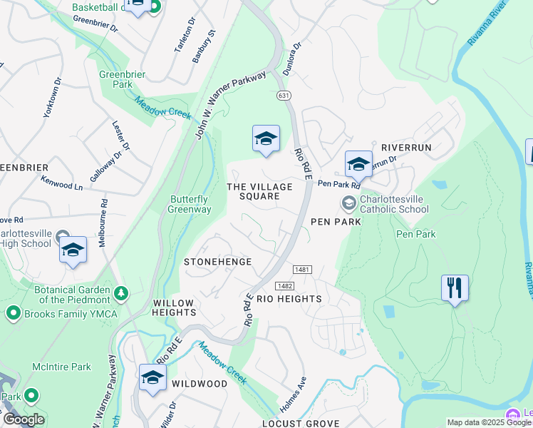 map of restaurants, bars, coffee shops, grocery stores, and more near 1077 Towne Lane in Charlottesville
