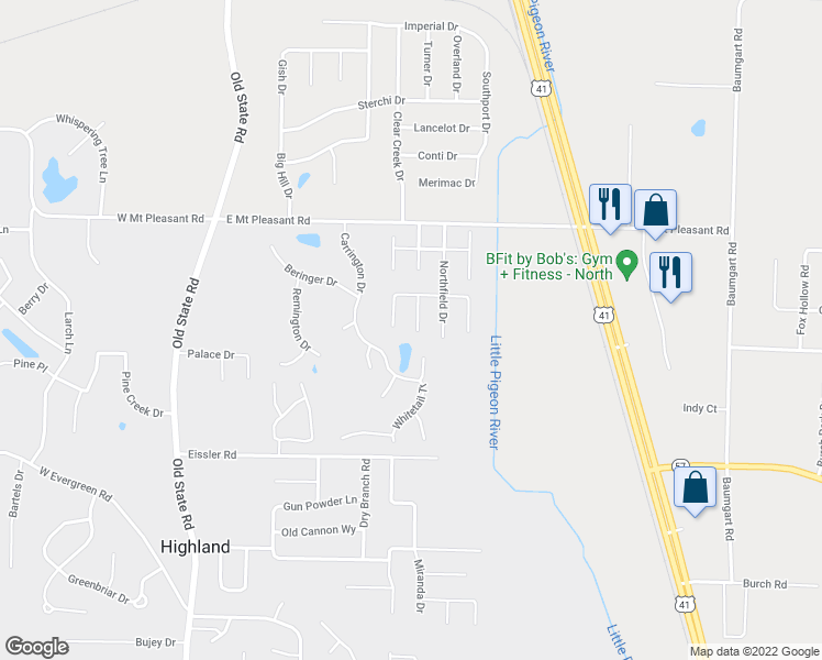 map of restaurants, bars, coffee shops, grocery stores, and more near 8304 Copperfield Drive in Evansville