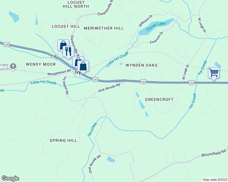 map of restaurants, bars, coffee shops, grocery stores, and more near 460 Marthas Way in Charlottesville