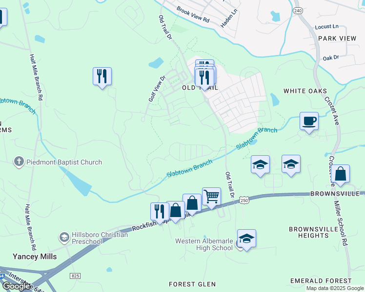 map of restaurants, bars, coffee shops, grocery stores, and more near 6606 Charnwood Street in Crozet