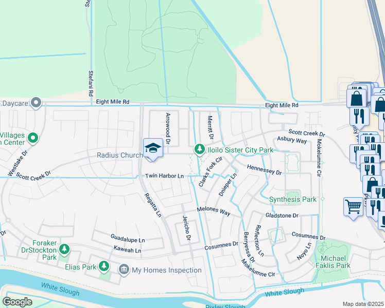 map of restaurants, bars, coffee shops, grocery stores, and more near Scott Creek Drive in Stockton
